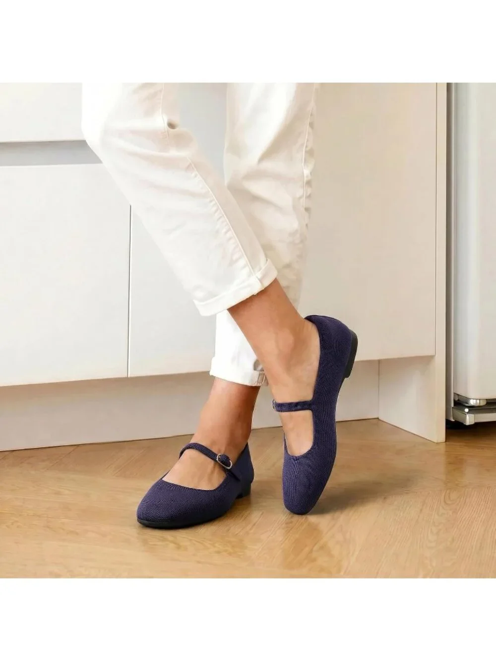 Women's Navy Knit Mary Jane Square Toe Stretchy Buckle Ballet Flats Casual Shoes